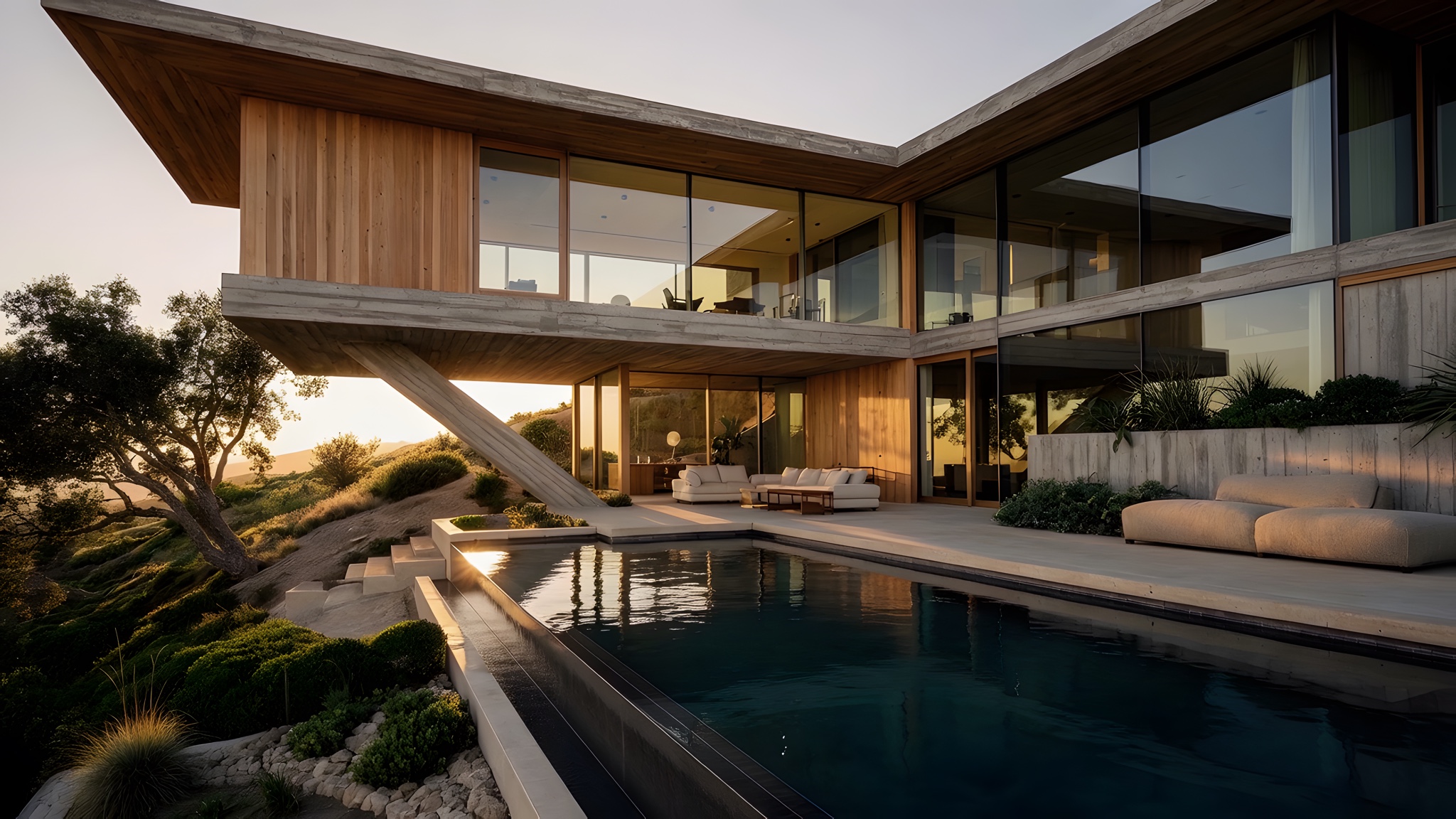 The terrace and pool at dusk